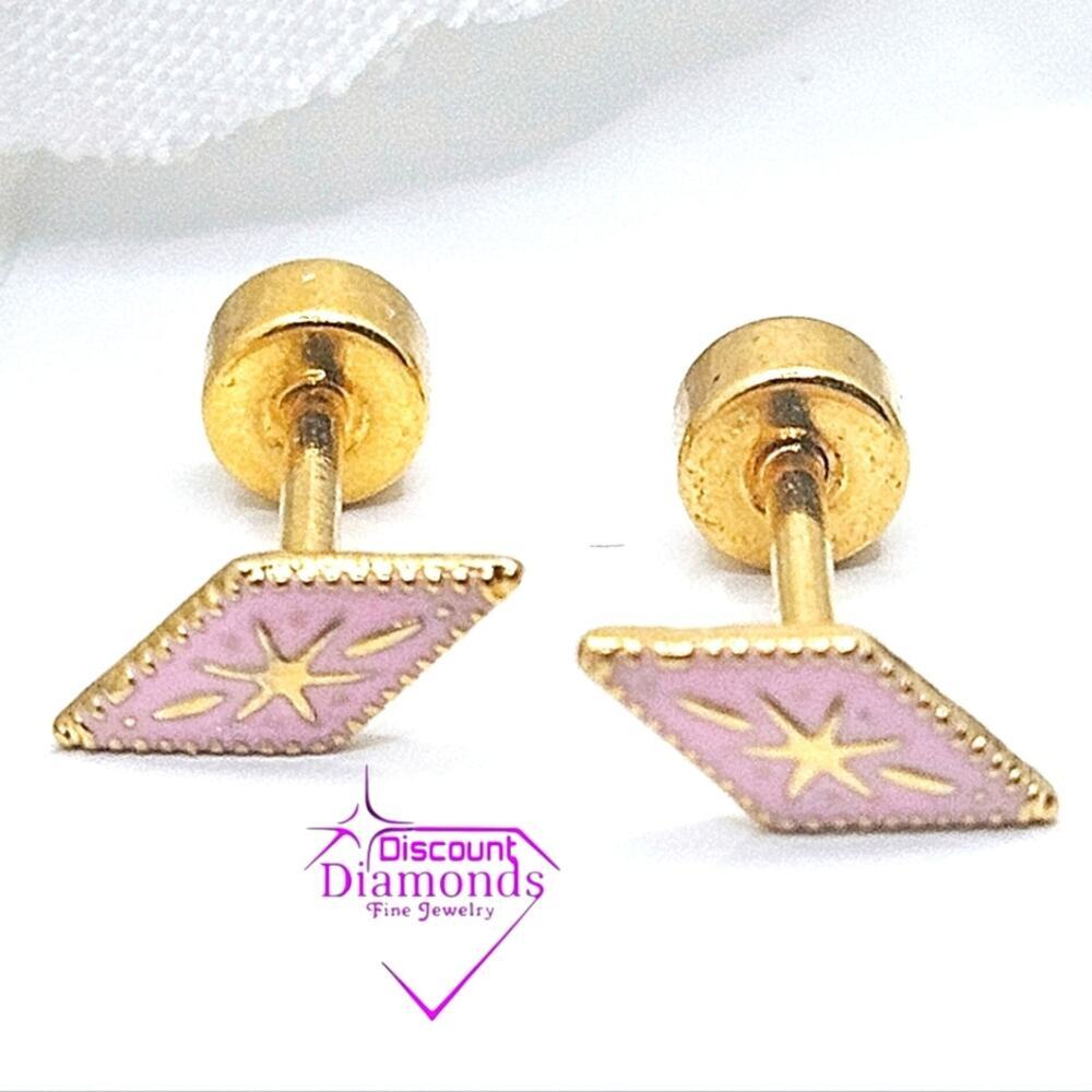 Dainty Pink 18K Yellow Gold Vintage Diamond Shaped Screw Back Earrings